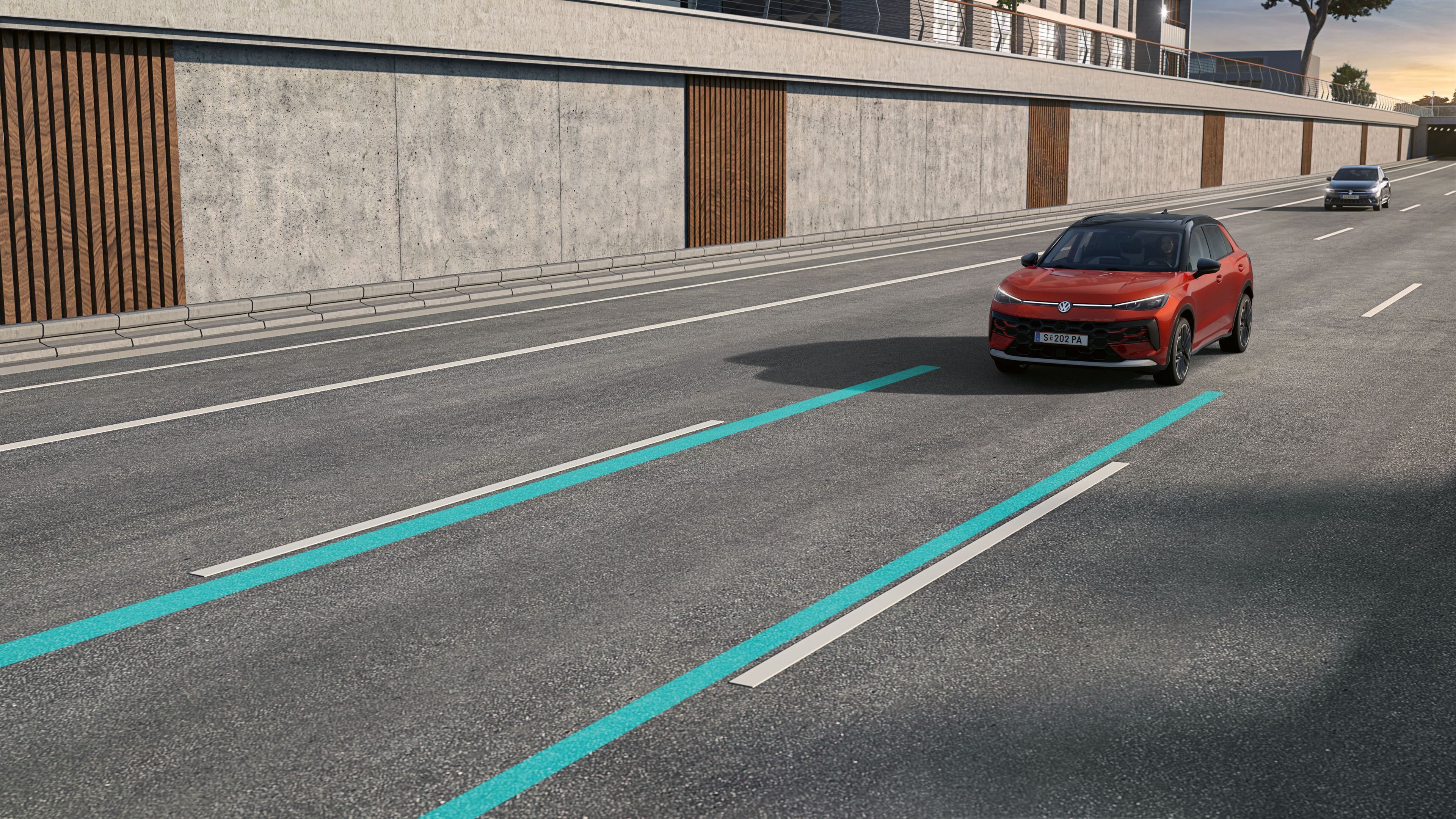 VW T-Roc Illustration zeigt schematisch anhand eines VW T-Roc die Funktionsweise des Lane Assist.