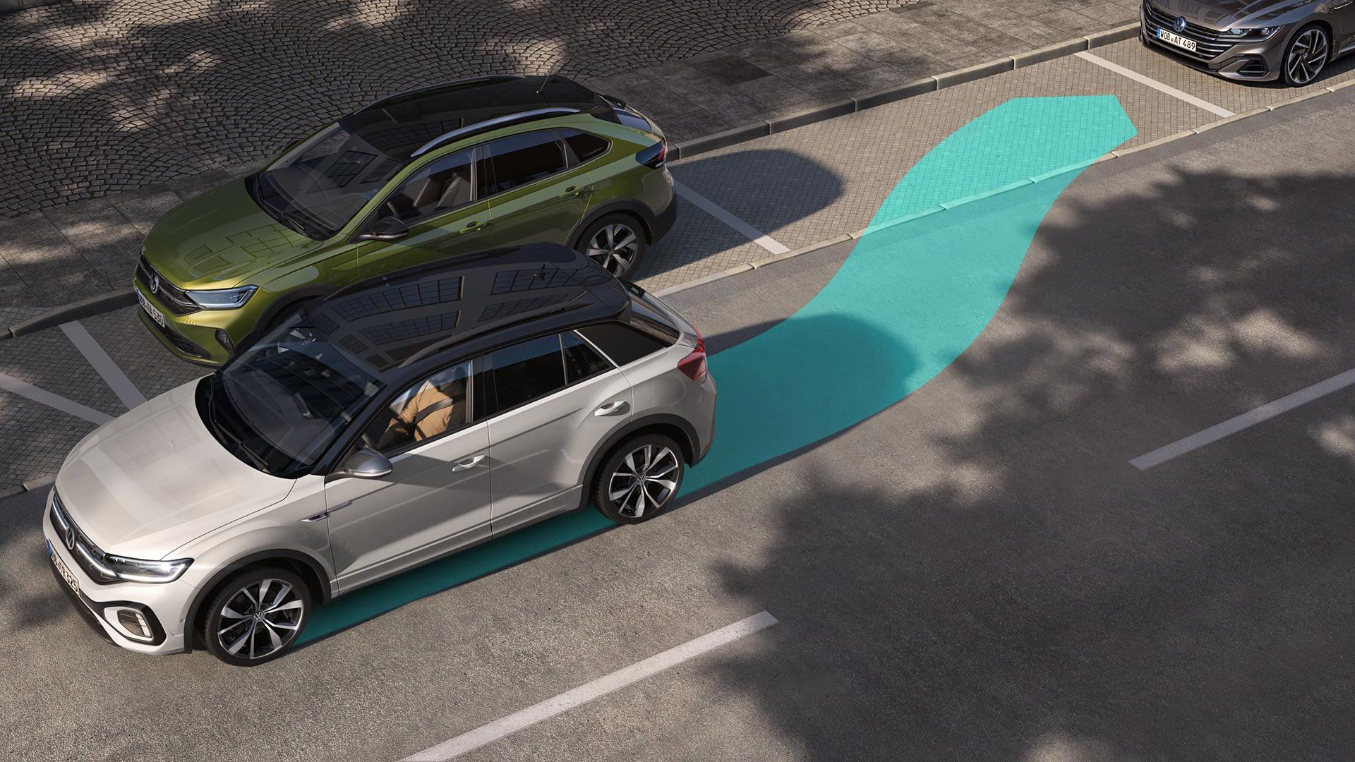 Grafik zeigt, wie der Park Assist im T-Roc funktioniert.