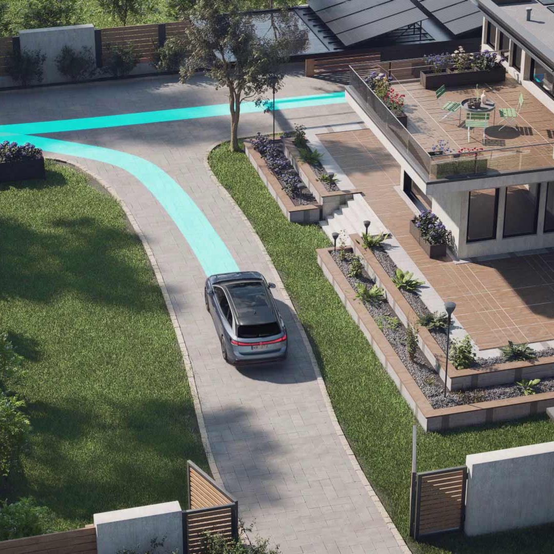 ID.7 von der Vogelperspektive mit dargestellter Park Memory Funktion, welche den Weg zum Einparken in die Garage darstellt.