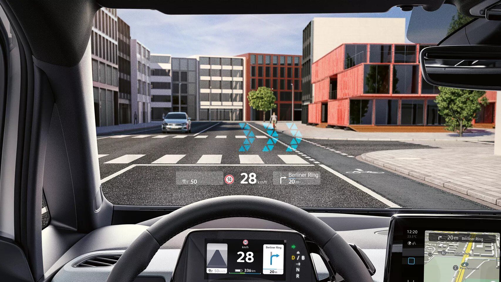 Blick durch die Windschutzscheibe des VW ID.3 mit Augmented Reality Head-up-Display