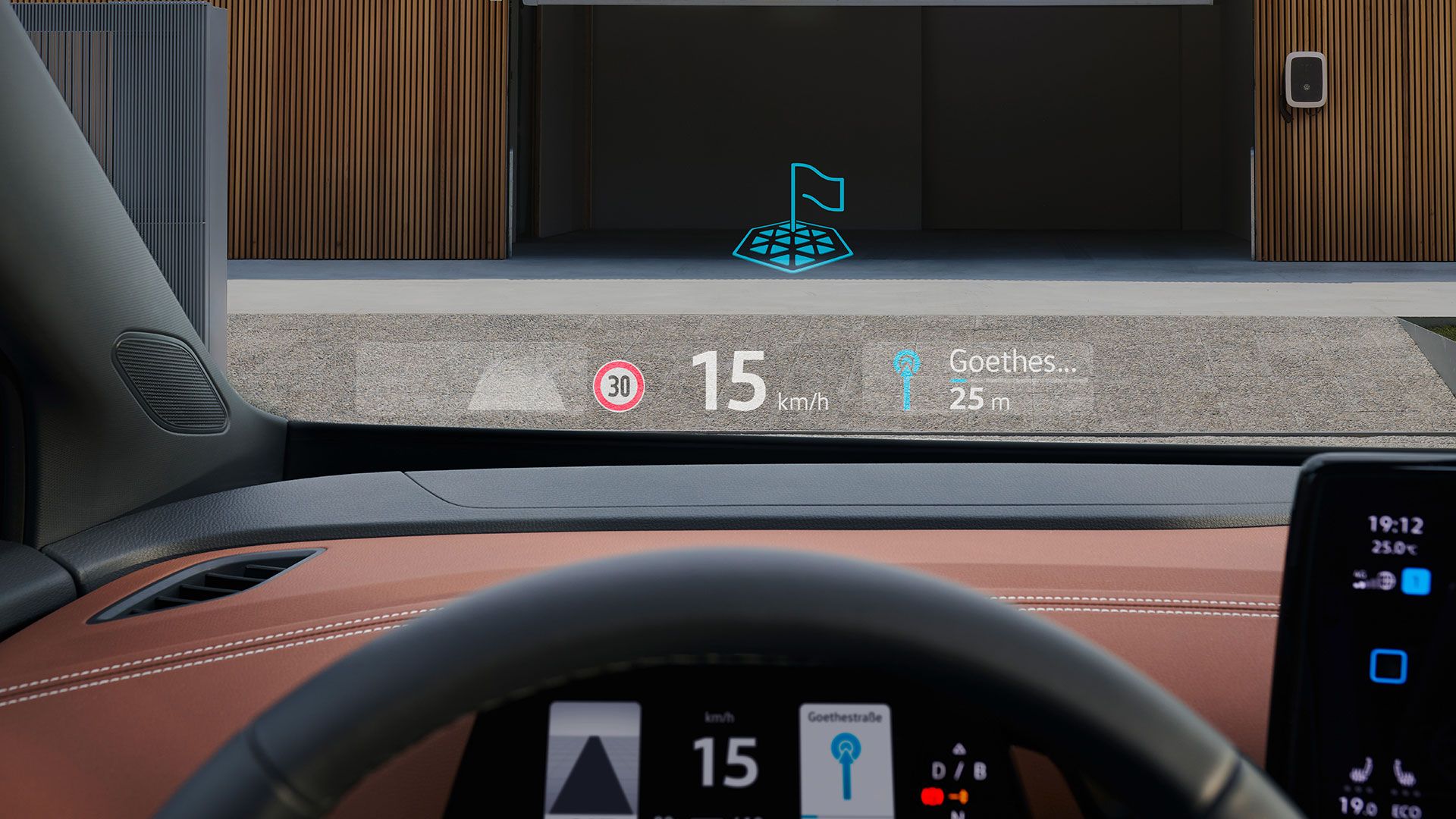 Im Inneren eines VW ID.5 projiziert das optionale Augmented-Reality-Head-up-Display Informationen direkt ins Blickfeld der Windschutzscheibe.