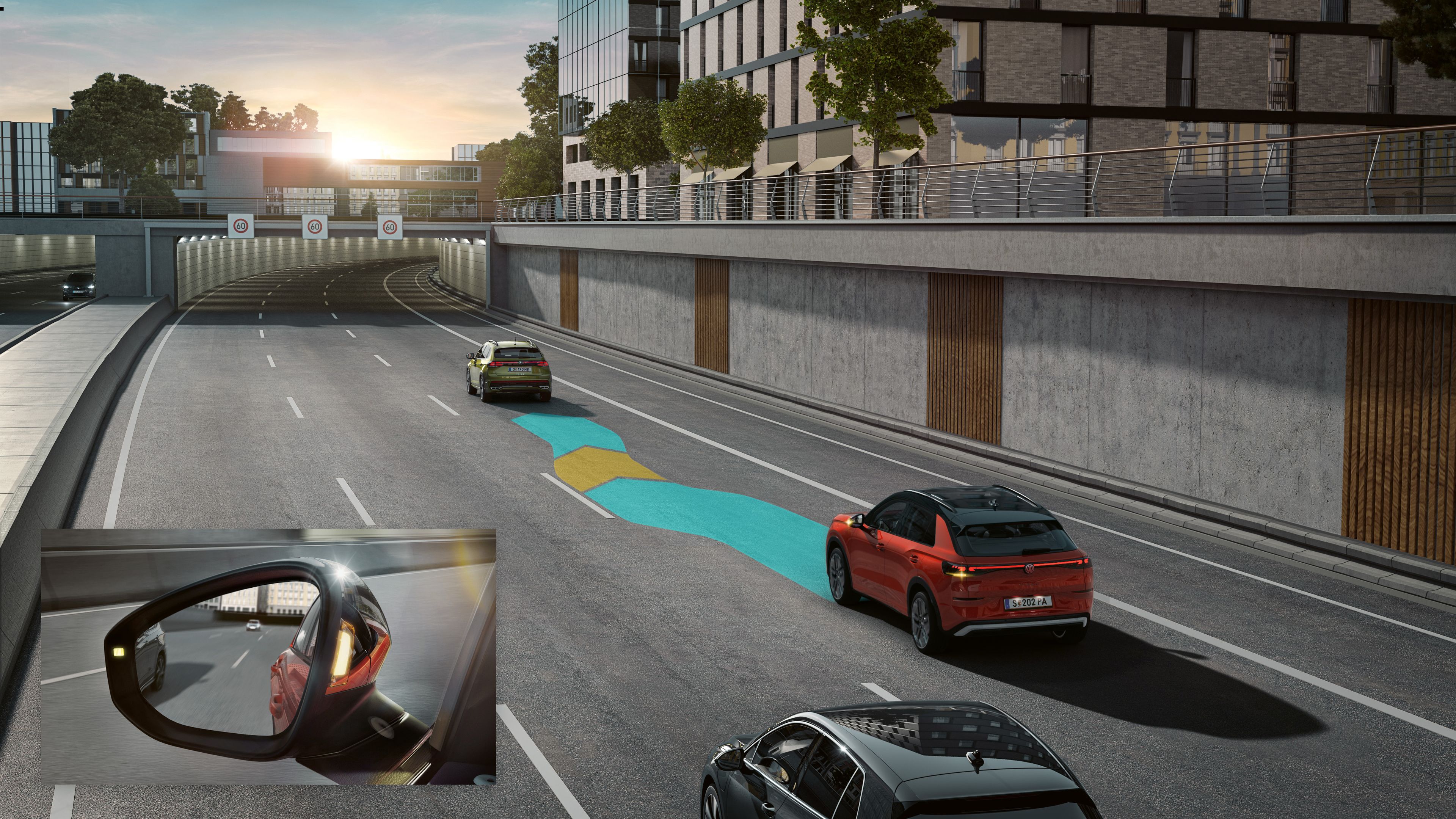 Illustration zeigt schematisch anhand eines VW T-Roc die Funktionsweise des Side Assist.