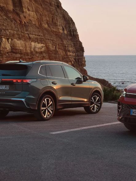 Zwei VW Tiguan in dunkelgrün und rot parken vor einer felsigen Küstenlandschaft.