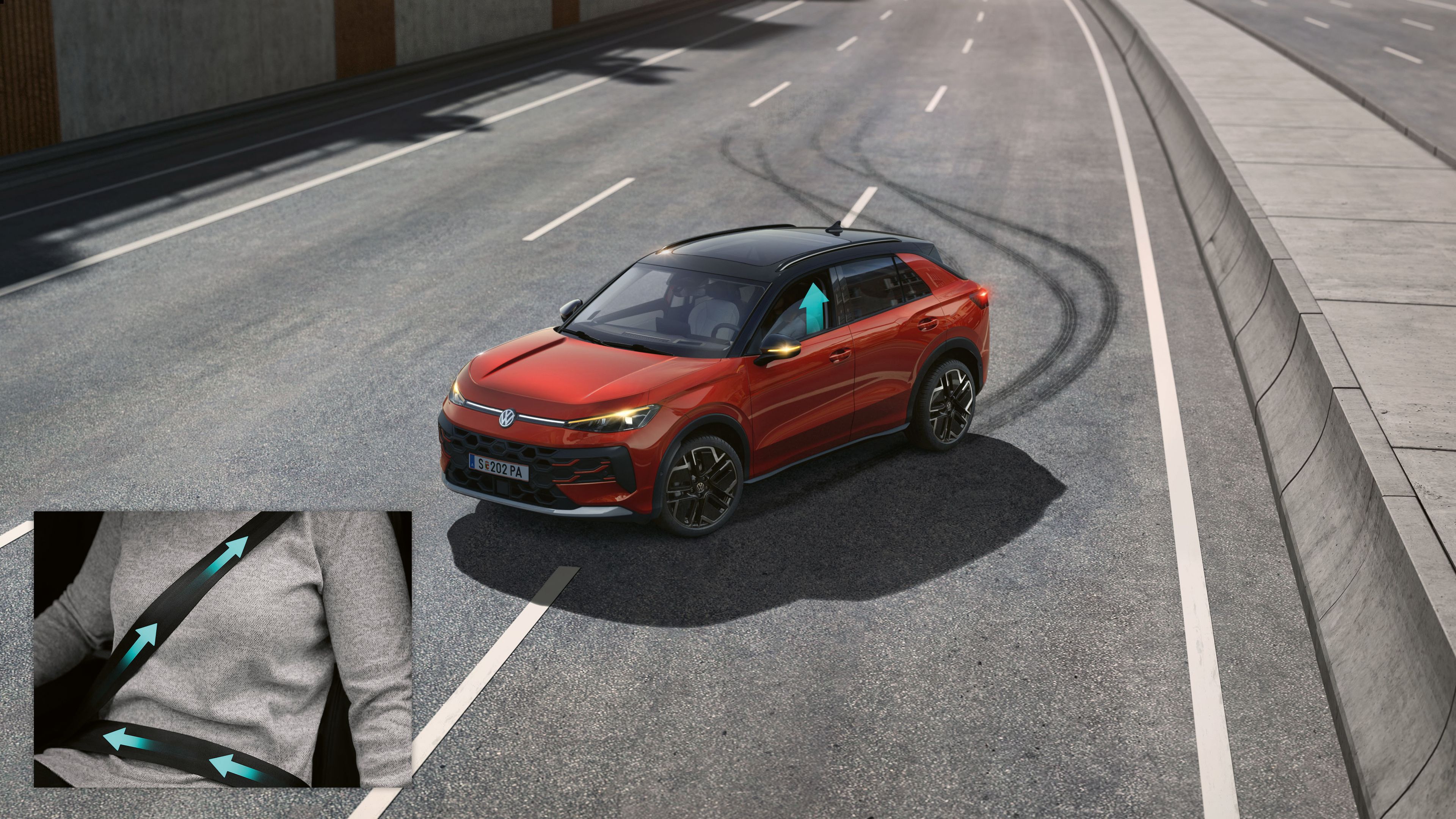 VW T-Roc Illustration zeigt schematisch anhand eines VW T-Roc die Funktionsweise des proaktiven Insassenschutzsystems.