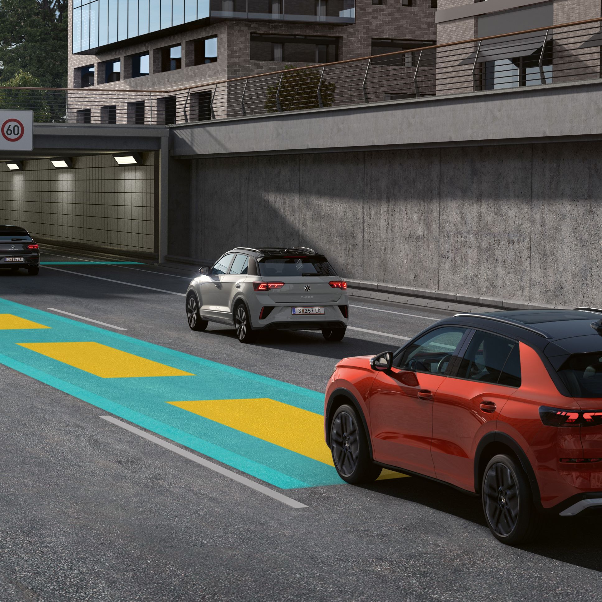 Illustration zeigt schematisch anhand eines VW T-Roc die Funktionsweise des Travel Assist.