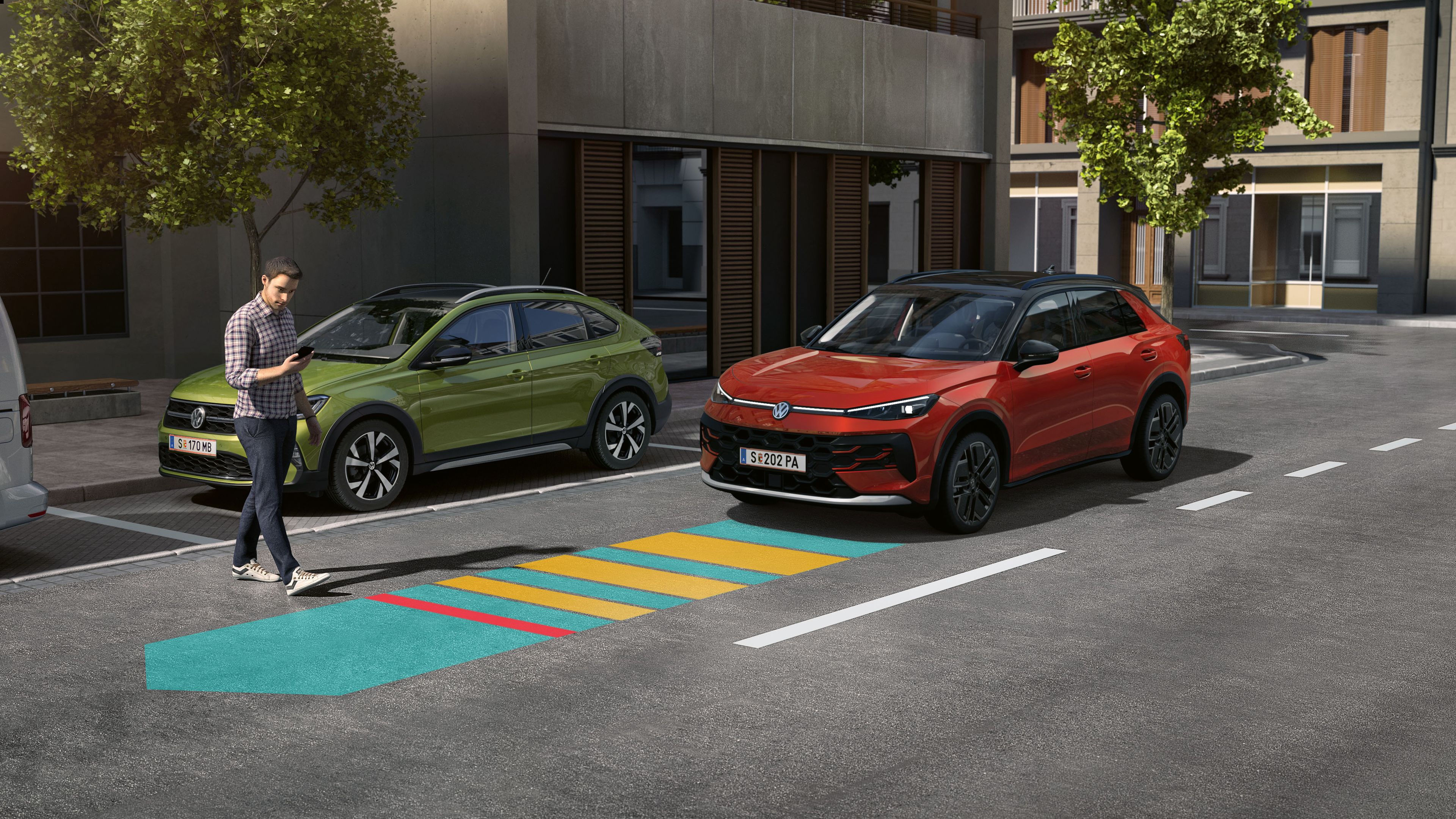 VW T-Roc Illustration zeigt schematisch anhand eines VW T-Roc die Funktionsweise des Front Assist.