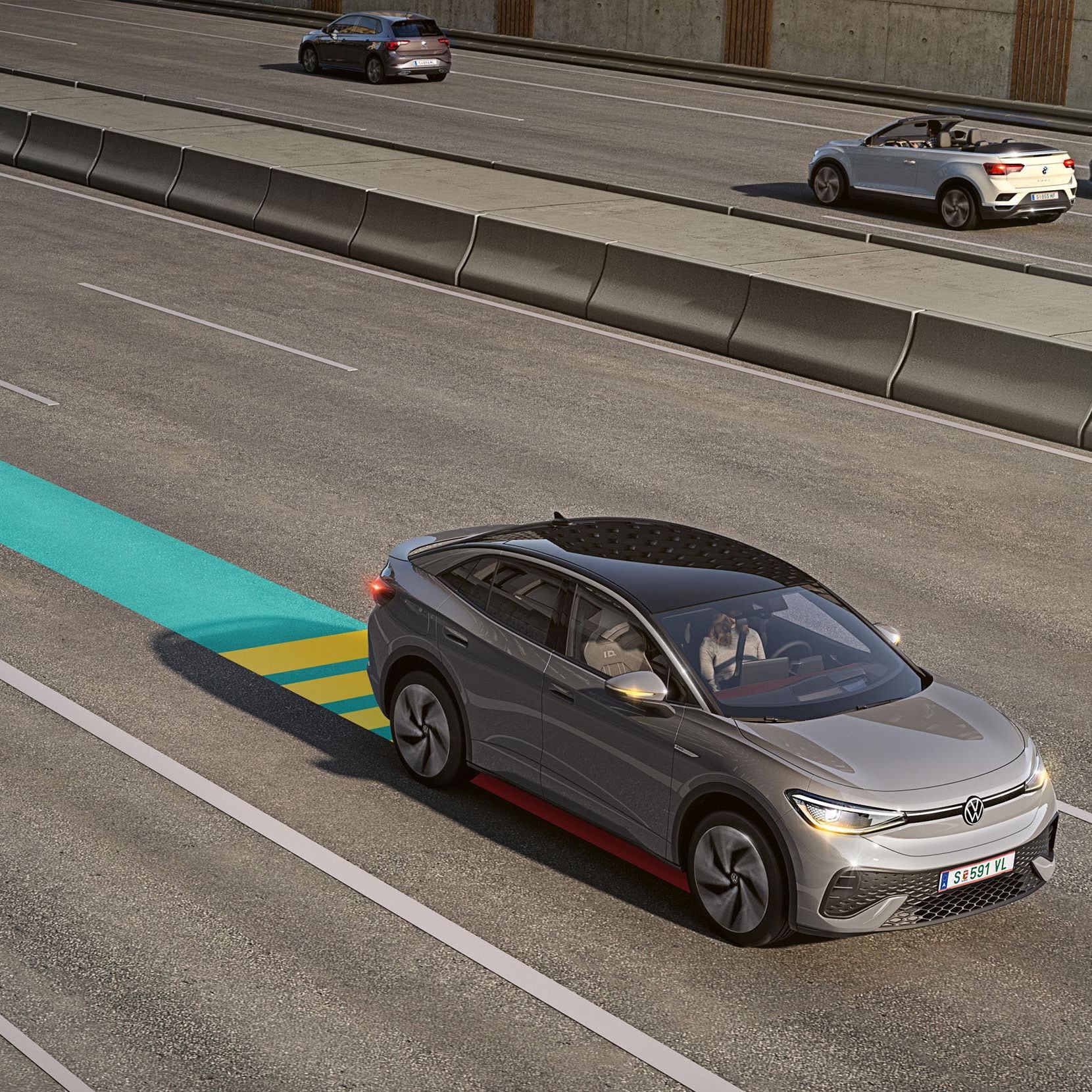 Illustration zeigt schematisch anhand eines VW ID.5 die Funktionsweise des Emergency Assist. 