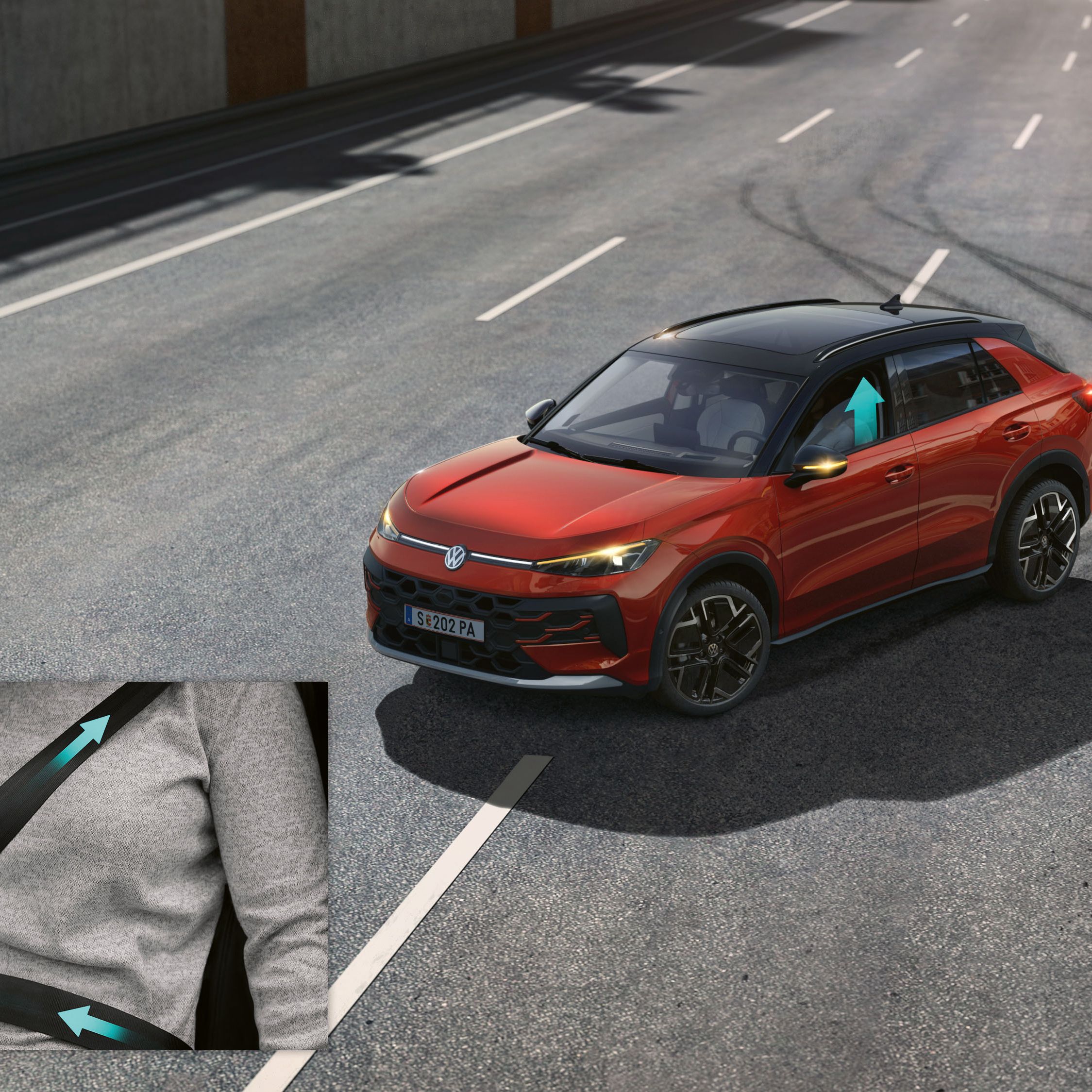 Illustration zeigt schematisch anhand eines VW T-Roc die Funktionsweise des proaktiven Insassenschutzsystems.