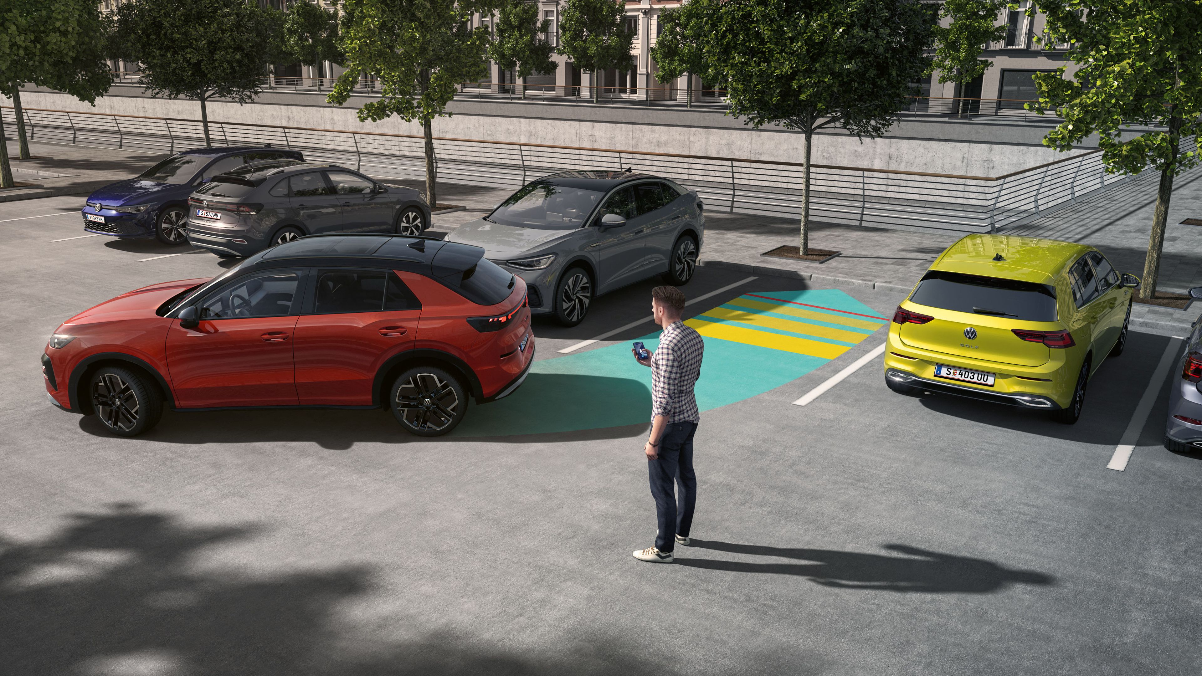 Illustration zeigt schematisch anhand eines VW T-Roc die Funktionsweise des Park Assist Pro.