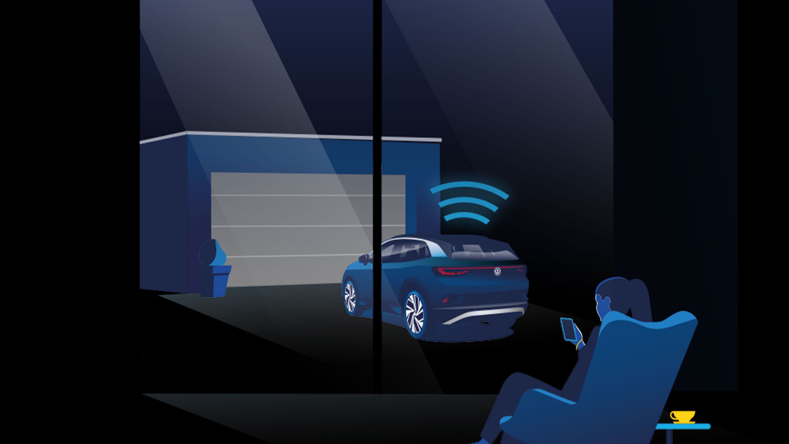 Die Illustration zeigt eine Frau, die ihren ID. vor der Garage mit ihrem Smartphone drinnen verbindet