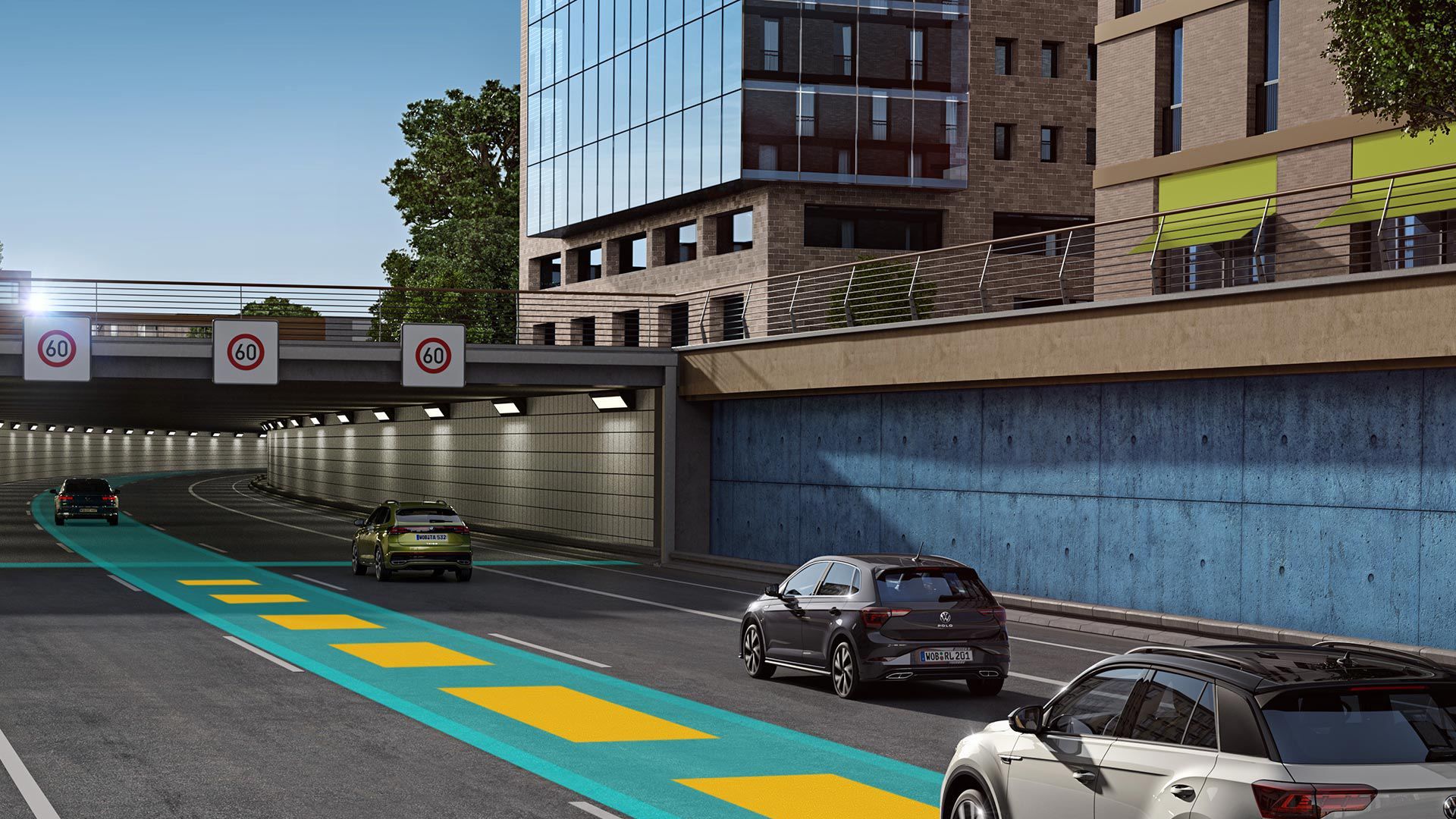 Grafik zeigt, wie der Travel Assist im T-Roc funktioniert.