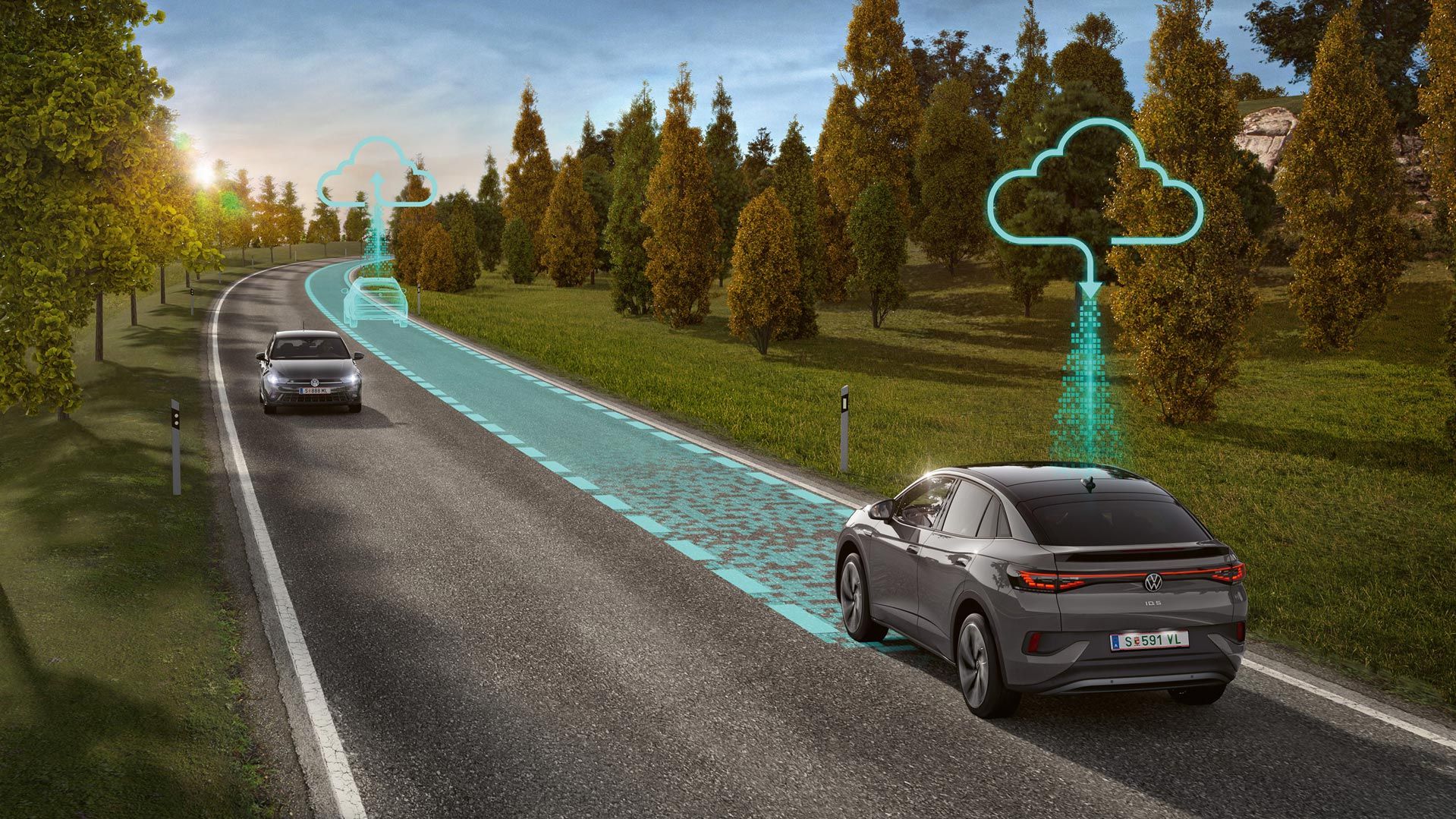 Illustration zeigt schematisch anhand eines VW ID.5 die Funktionsweise des Connected Travel Assist mit Schwarmdaten. 
