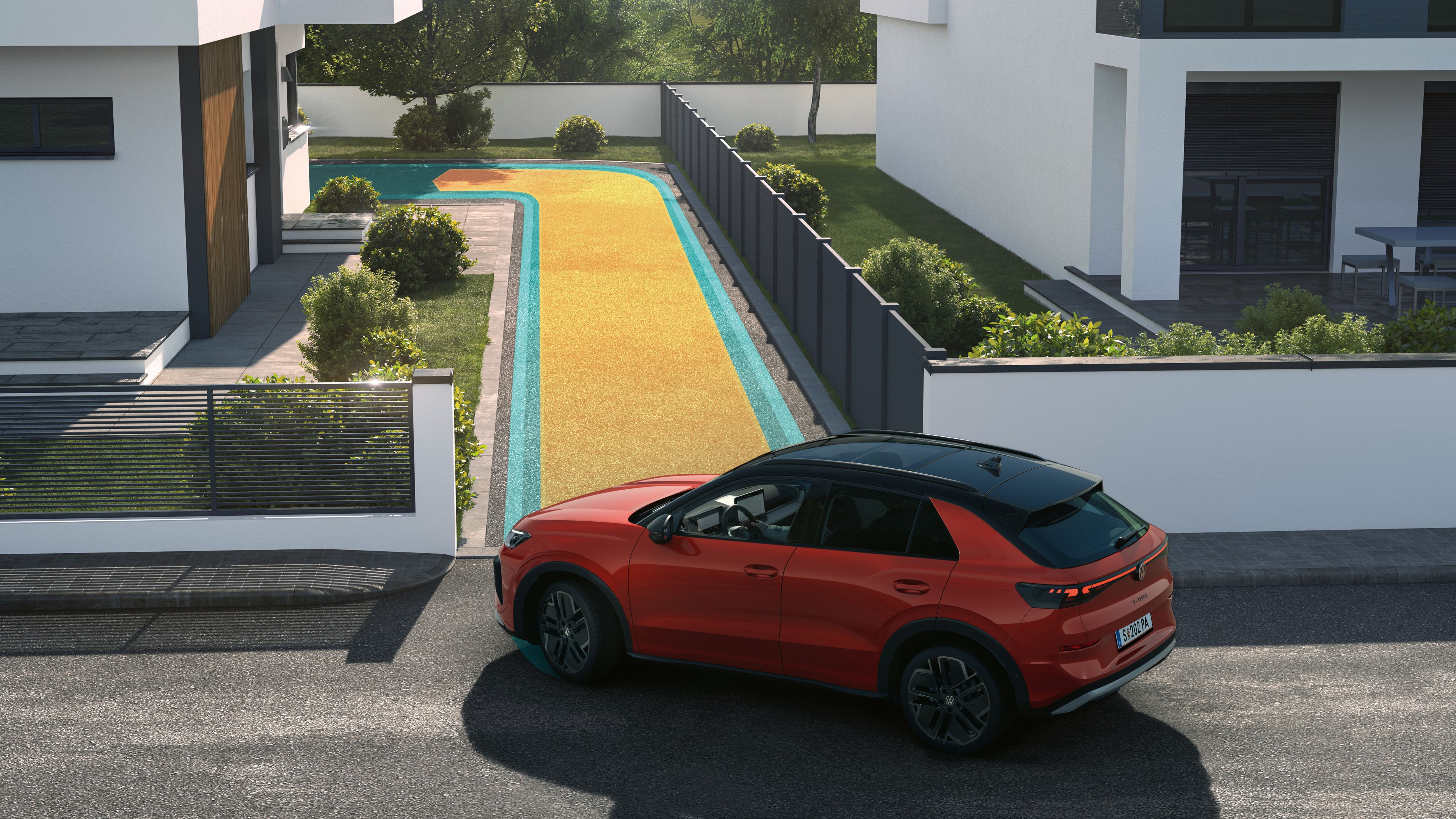 Illustration zeigt schematisch anhand eines VW T-Roc die Funktionsweise der Memory- Funktion für den Parkassistenten.