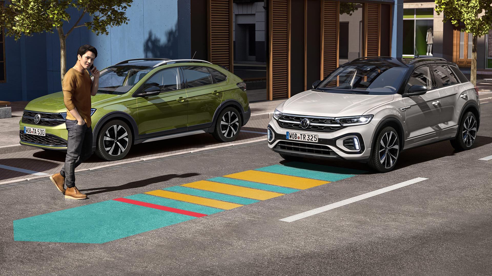 Grafik zeigt, wie der Front Assist im T-Roc funktioniert.