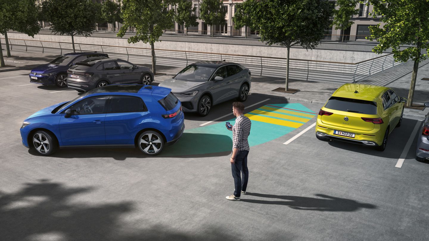 Illustration zeigt schematisch anhand eines VW ID. Polo die Funktionsweise des Park Assist Pro