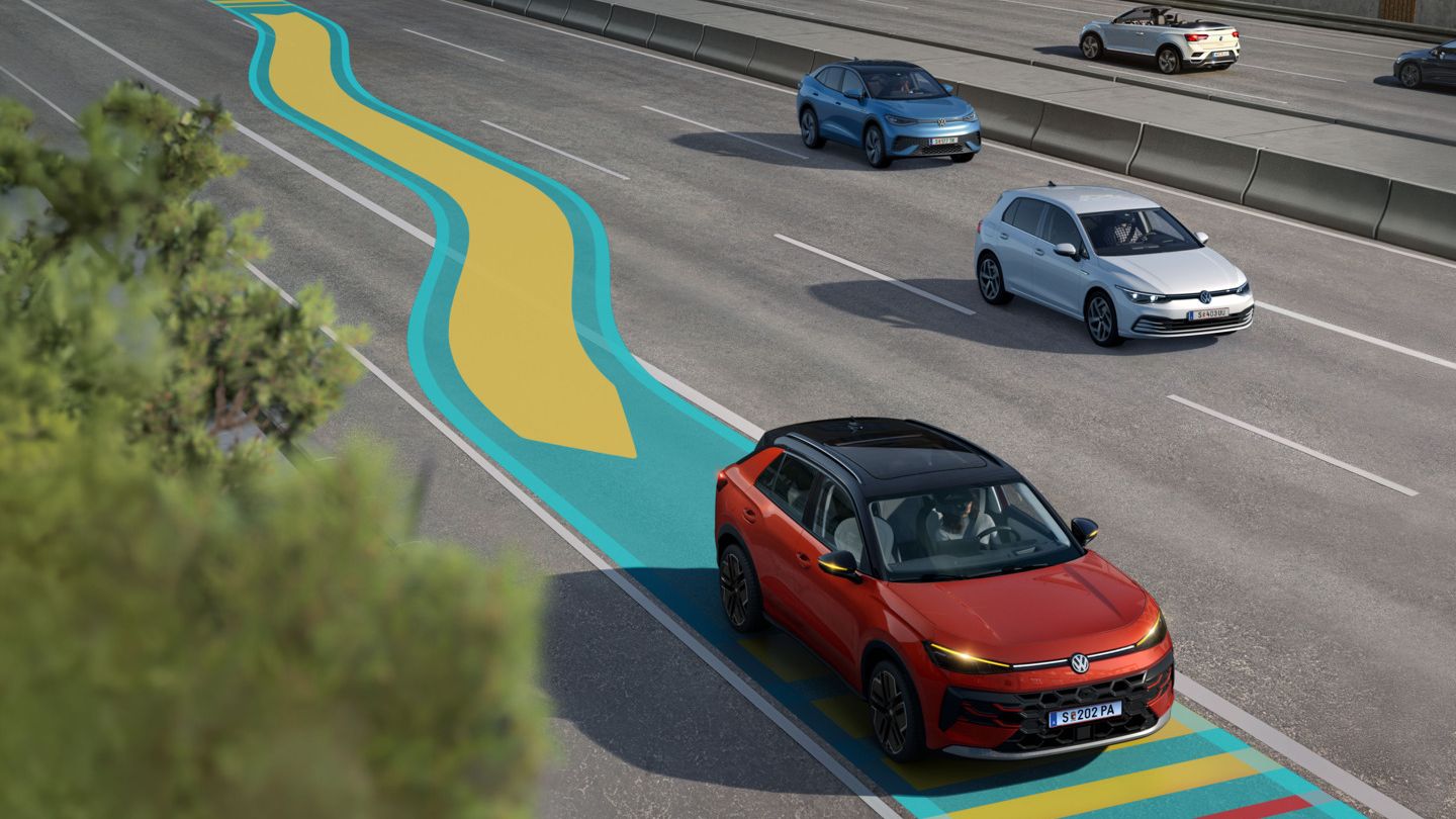 Illustration zeigt schematisch anhand eines VW T-Roc die Funktionsweise des Emergency Assist.